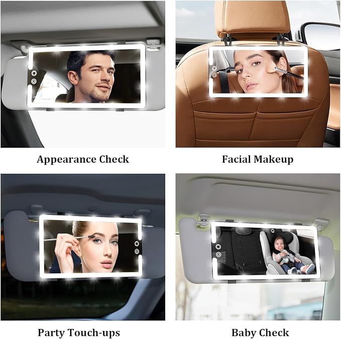 Led Sun Visor Vanity Mirror, Upgraded Large Car Mirrors with Lights, Dimmable Light up Vanity Makeup Mirror for Car,Rechargeable Universal Rear View Visor Mirrors