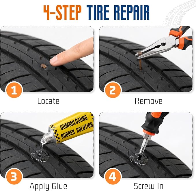 Tire Repair Screws Kit, 66pcs Tire Plug Kit, with Pliers, Screwdriver, Gloves, Glue and Storage Case, Emergency Flat Tire Puncture Repair, No Tire Removal Needed
