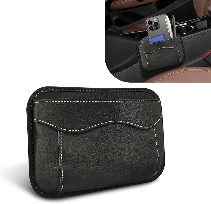 Car Seat Side Pocket Organizer, PU Leather Car Seat Gap Filler Bag, Car Seat Pocket Storage Bag for Phone, Keys, Sunglass, Wallet, Car Organizer Accessories for Seat, Door, Window (Black)