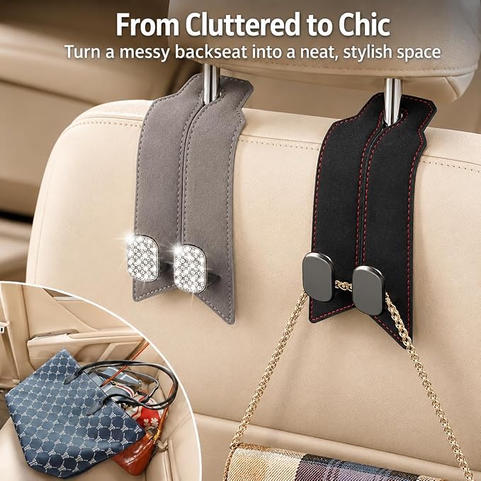 2Pcs Bling Car Headrest Hooks, Premium Leather & Sparkling Rhinestone Dual Metal Hooks, Back Seat Organizer for Bags, Coats, Purses and Groceries (Crystal Gray)