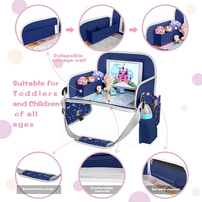 Kids Travel Tray for Toddler Car Seat, Road Trip Essential Lap Tray | Toddler Gift for Boy Activities with Dry Erase Board, iPad Holder Stand, Cooler Cup Holder & Adjustable Strap, Dark Blue