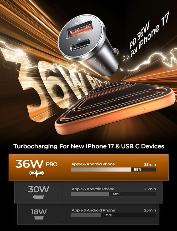 69W Mini Cigarette Lighter Adapter Car Charger USB C Fast Charging, 12V Cigarette Lighter USB Car Charger Fast Charging Adapter, for iPhone 17 Pro Max 16 15 14 13 12 Plus Mini, Samsung S26 S25