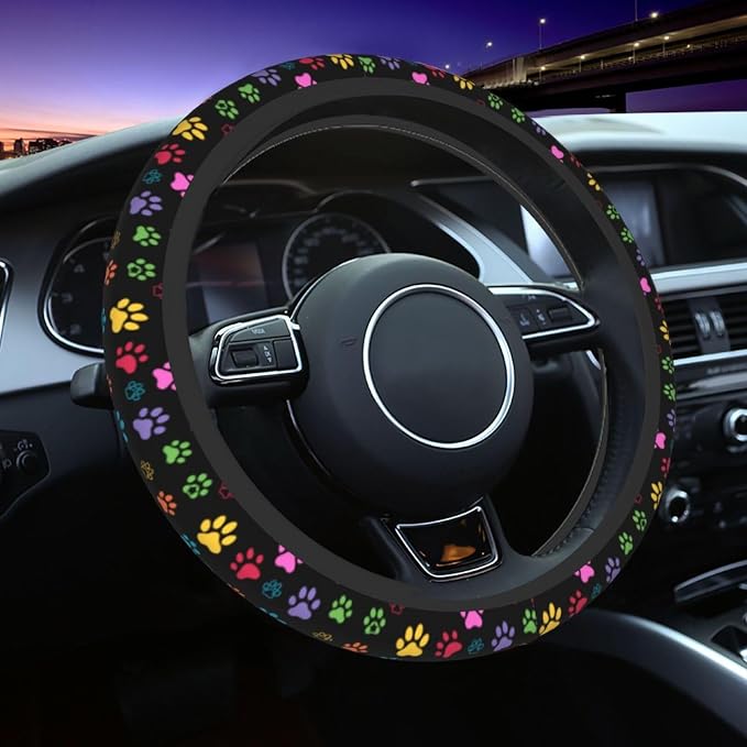 Dog Paw Print Steering Wheel Covers Universal 15 inch Non Slip Neoprene Steering Wheel Protector Cover for Men Women Car Truck