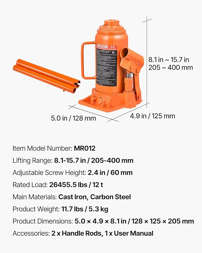 Hydraulic Bottle Jack, 12 Ton/24000 lbs All Welded Car Hydraulic Jack, Features 7.5-14 in Lifting Range & 3-Section Long Handle, for Pickup Truck, Truck, RV, Auto Repair Industrial Engineering