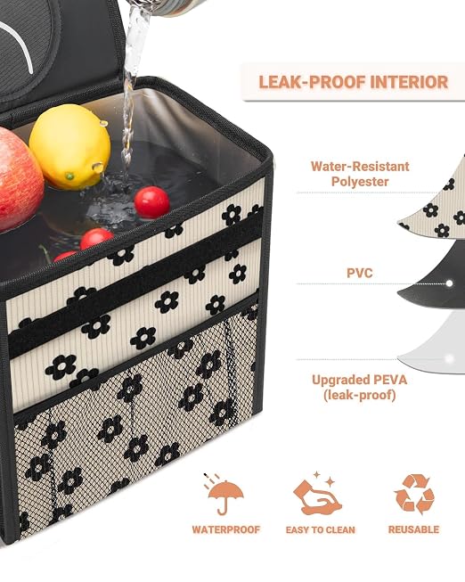 Car Trash Can with Lid, Leakproof Car Trash Bag Hanging Waterproof Automotive Garbage Can with Storage Pockets Mini Vehicle Trash Bin for Back/Front Seat(Black Flower,2.5 Gallon)