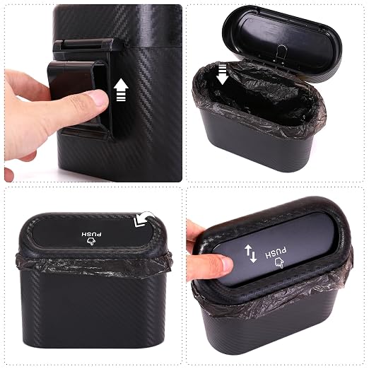 Mini Car Trash Can with Lid, Small Car Garbage Can, Cute Leakproof ABS Car Trash Bin, Car Accessories for Interior, Garbage Bin for Car, Home, Office with 60pcs Trash Bags Carbon Fibre