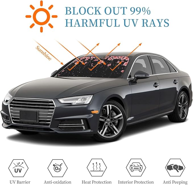 Windshield Sun Shade Black Blooming Cherry Flower Car Front Window Sunshade Cover for Truck SUV Blocks UV Rays Automotive Visor Interior Protector 55 x 30 inch