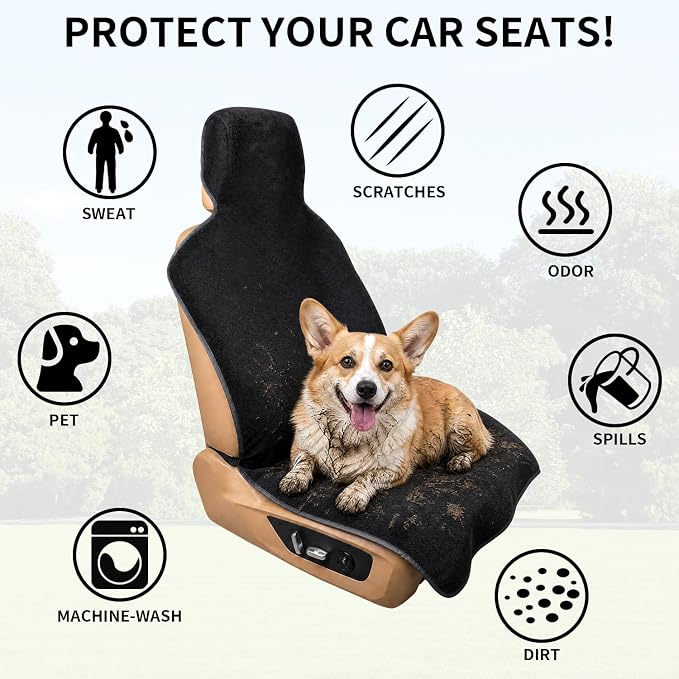 Car Seat Cover Towels Front Seats, Waterproof Sweat Car Seat Towel Protector After Gym Post Workout Athletic, SUV Truck Seat Towel Cover for Running Swimming Beach and Hiking (Black 2Pcs)