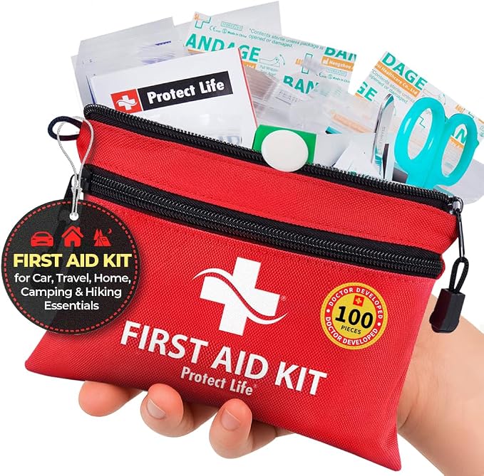 Doctor Developed Mini First Aid Kit, 100 Piece Waterproof Emergency Kit for Car, Boat, Camping & Travel, Includes Emergency Blanket, Tourniquet & First Aid Guide