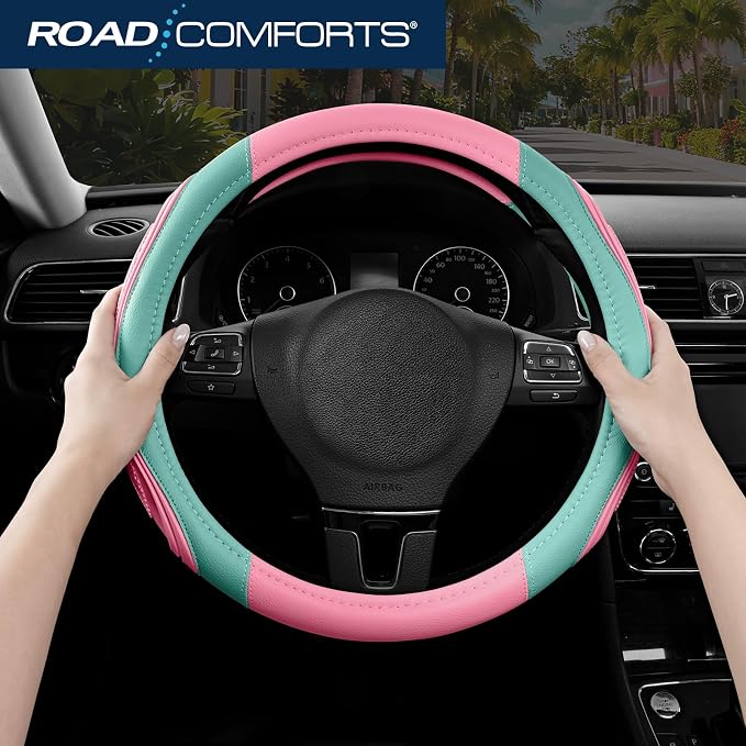 Car Steering Wheel Cover - Microfiber Leather Steering Wheel Wrap Sports 14.5-15 Inch Steering Wheel Cover Non-Slip for Men Women Pink & Green Color