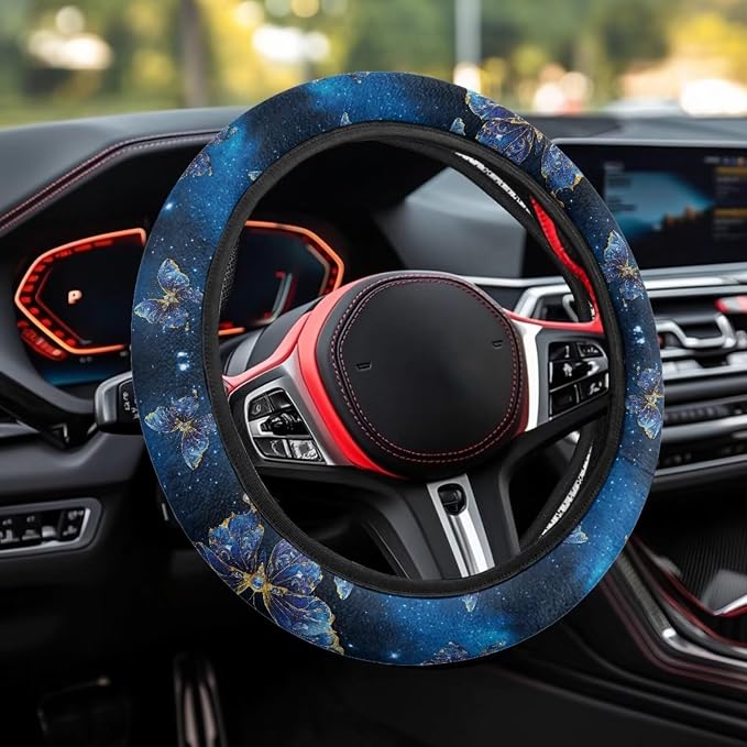Steering Wheel Cover for Most Cars Universal Fit 14 to 15 inch | Blue Butterfly, Anti-slip Steering Wheel Protector, No Smell Fashion, Easy Install