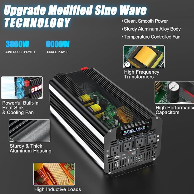 3000 Watt Power Inverter 24V to 110V 120V DC to AC with 4 AC Outlets, LCD Display, USB Port & Remote Control for Home, RV, Vehicle, Truck, Off-Grid Solar System, Heavy Duty Outdoor Camping