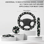Cute Daisy Steering Wheel Cover for Women, Anti-Slip Car Steering Wheel Cover with 2 Pcs Cup Holders Neoprene Breathable Car Accessories Universal 15 Inch Auto Interior Decor