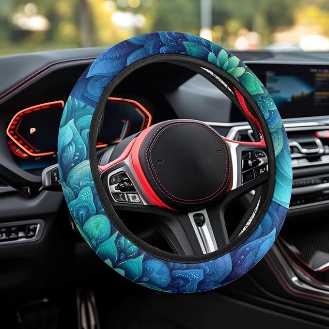 Green Bohemian Flower Steering Wheel Protection for Automotive Steering Wheel Covers, Sweat Absorption Comfort Grip for Driver Women Men