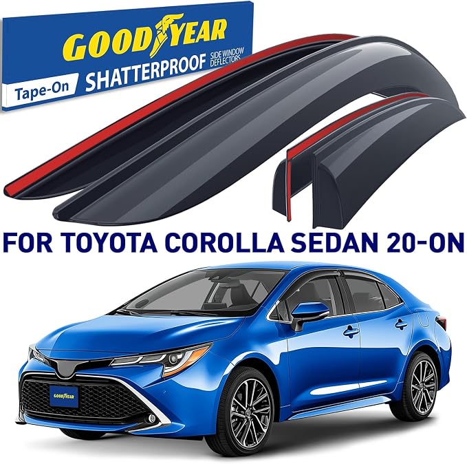 Goodyear Shatterproof Window Deflectors for Toyota Corolla 2020-2026 Sedan, Tape-on Rain Guards, Window Visors, Vent Deflector Visor, Car Accessories, 4 pcs. - GY008731