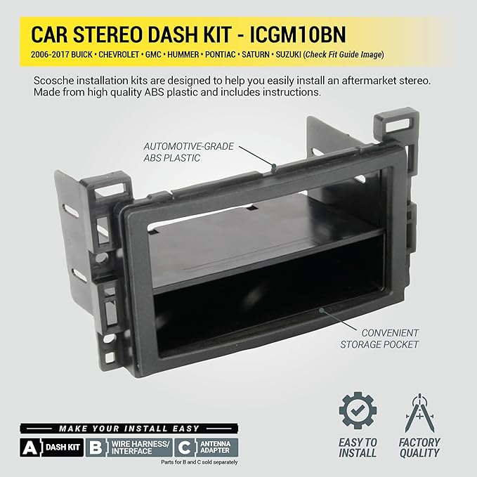 ICGM10BN Complete Double/Single DIN Stereo Installation Kit for Select Non-Amplified 2006-17 General Motors Vehicles - No Steering Wheel Remote - See Fit Guide in Images to Verify Your Vehicle