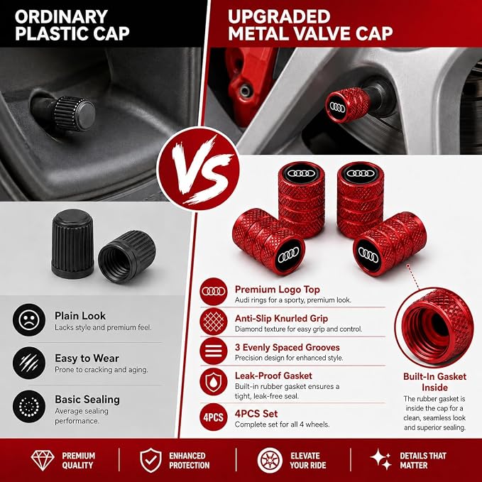 Car Tire Valve Stem Caps for Automobiles,Dust Caps Compatible with Audi A1 A3 RS3 A4 A5 A6 A7 RS7 A8 Q3 Q5 Q7 R8 S Series Car Tires，Alloy Leak-Proof Valve Cover