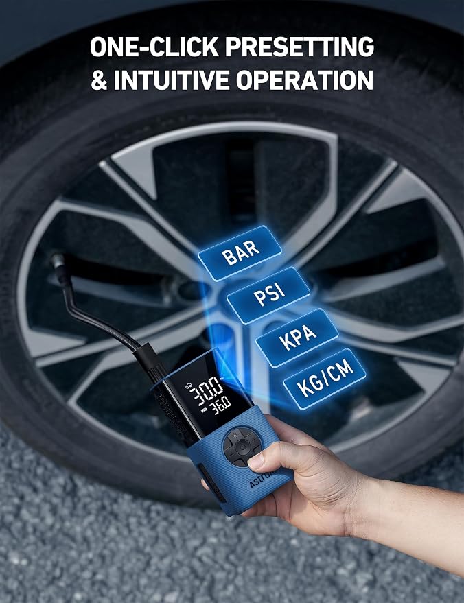 L7S Tire Inflator Portable Air Compressor Cordless with Digital Pressure Gauge, 150 PSI LED Light Bike Air Pump with Fast Inflation & Auto Shut-Off for Car Tires,Motorcycles,Bikes,Balls,Blue