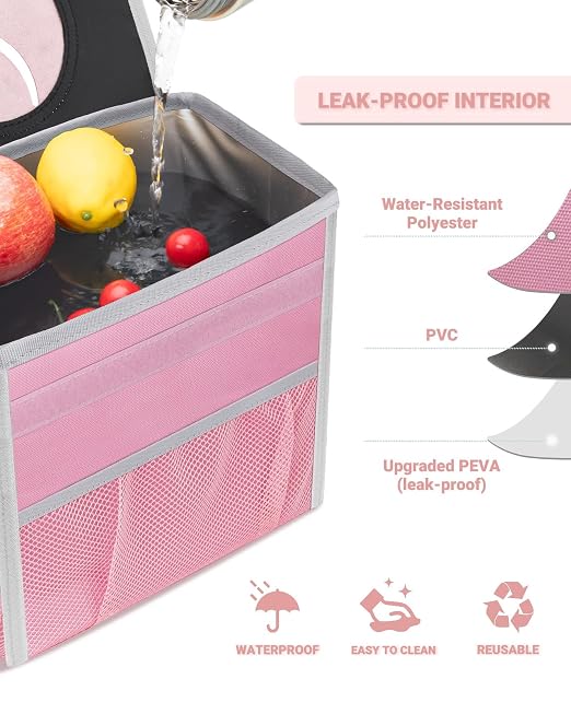 Car Trash Can with Lid, Leakproof Car Trash Bag Hanging Waterproof Automotive Garbage Can with Storage Pockets Mini Vehicle Trash Bin for Back/Front Seat(Pink,3 Gallon)