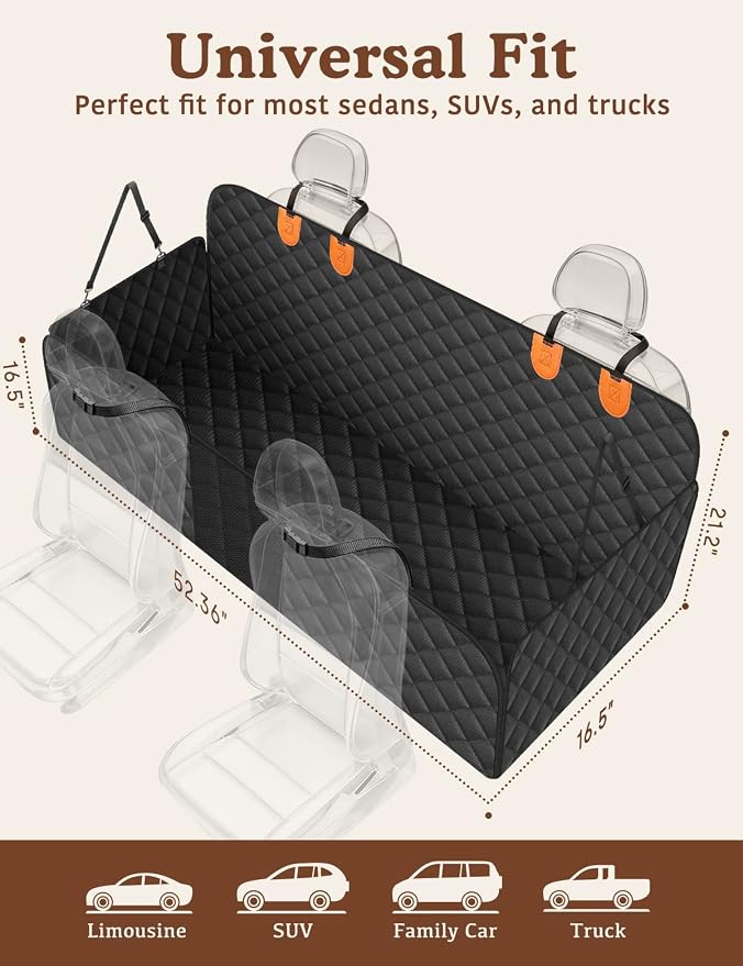 Dog Car Seat Cover for Back Seat, Waterproof Back Seat Extender for Dogs, Dog Car Hammock with Mesh Window, Nonslip Pet Seat Protector for SUV Truck Travel