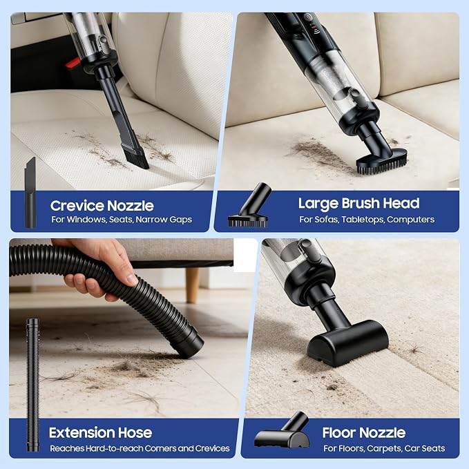 Handheld Vacuum Cordless, 17000Pa Car Vacuum Portable Cordless with Brushless Motor, 2-in-1 Vacuum Cleaner with Multi-Nozzles & Washable Filters, 2 Suction Modes for Home, Car, Office, Pet Hair