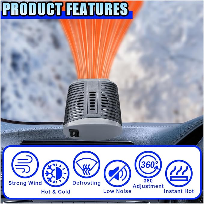 Portable Car Heater, 12V 150W Windshield Defogger and Defroster that Plug into Cigarette Lighter for Winter, 2 in 1 Fast Heating & Cooling Fan with 360° Rotatable Base for Car Sedan (Grey/Black)