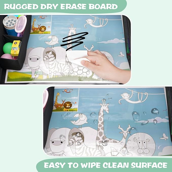 Kids Travel Tray for Car Seat, Road Trip Essential Kids Lap Tray | Toddler Gift for Boy Activities with Dry Erase Board, No-Drop iPad Holder Stand, Cooler Cup Holder & Adjustable Strap, Black