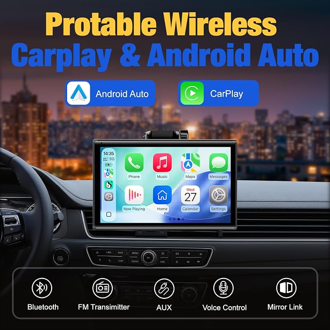 Carplay Screen for Car, 7 inch Wireless Carplay & Android Auto（Black） | Portable Touchscreen car play with Mirror Link，Bluetooth，Voice Control，Map Navigation，FM Transmit，Plug-and-Play car stereo