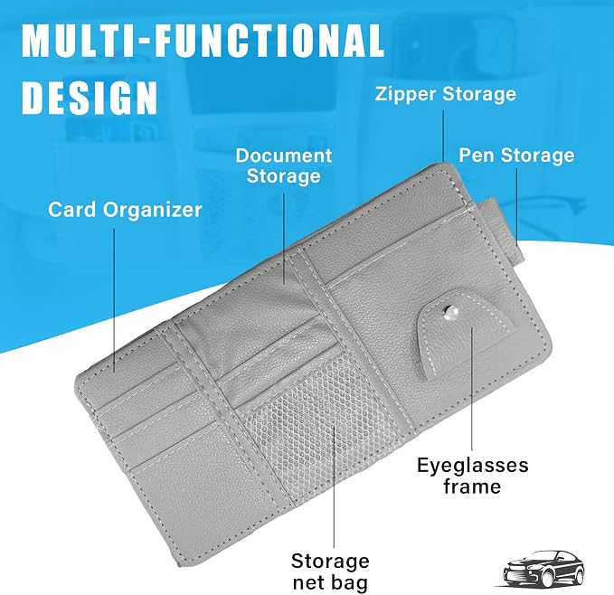 Car Sun Visor Organizer, Leather Personal Belonging Storage Pouch with Zipper, Car Visor Storage Pouch Sunglasses Holder, Auto Interior Accessories Pocket Organizers (Gray)