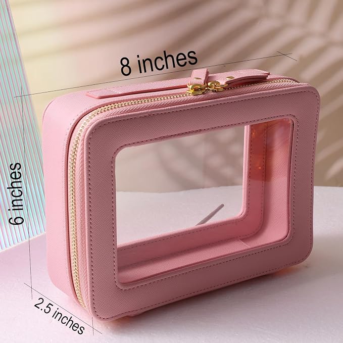 Toiletry bag waterproof cosmetic organizer with handle large opening for travelling (Pink)