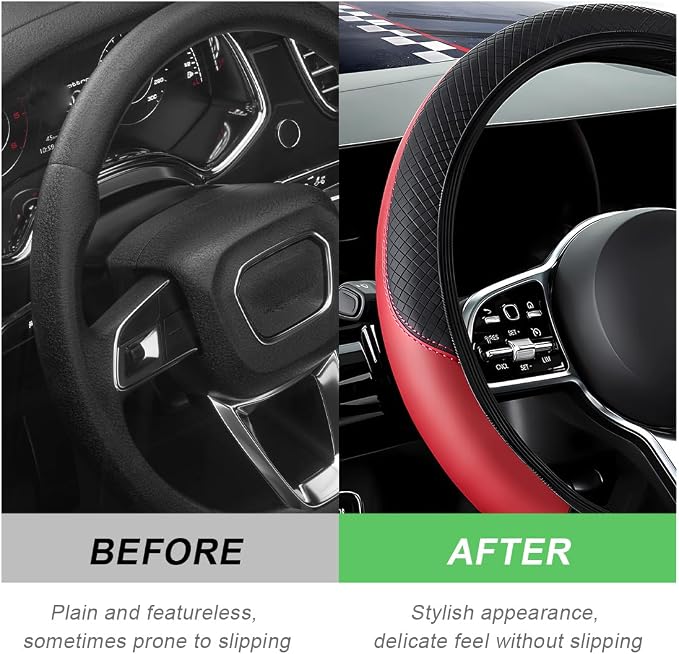 Car Steering Wheel Cover, 15 Inch Carbon Fiber Leather Stitching Color Steering Wheel Protector, Anti-Slip Elastic Breathable Steering Wheel Cover Stylish Decor for Most Cars (Black&Red, AD)