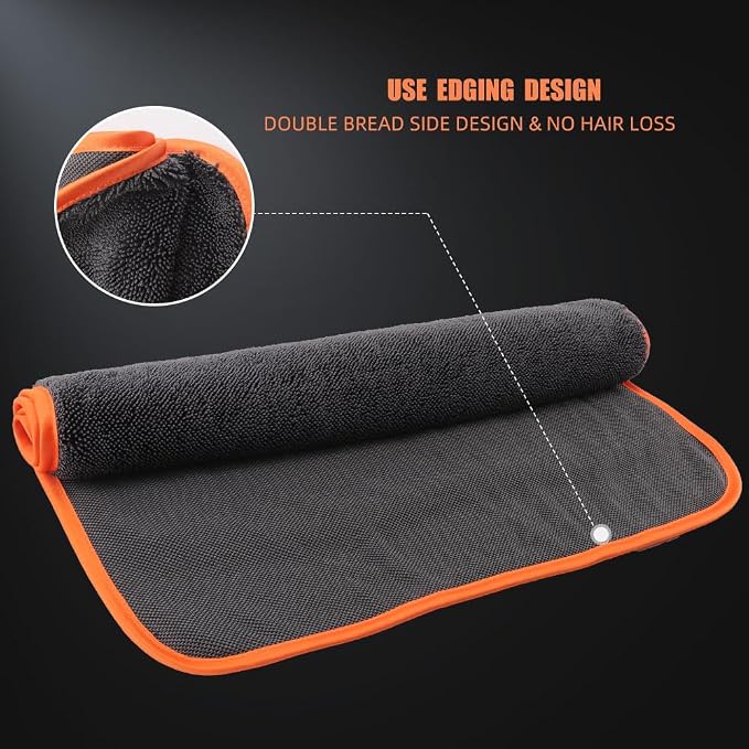 Microfiber Car Drying Towels, Cleaning Cloth Towels, Twist Pile Rapid Drying Orange Edge Car Microfiber Towels for Car Detailing, Pack of 3, 16.5 x 16.5 Inch, 600 GSM, Gray-MT040