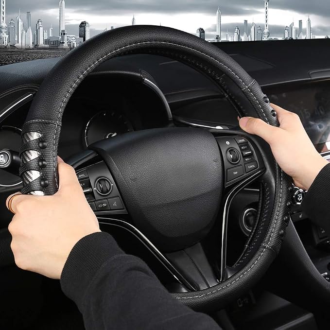 Microfiber Leather Car Steering Wheel Cover for Men Women,Universal Fit 14.5-15 inch(Leather Nails-Gray+Black-Standard Size)