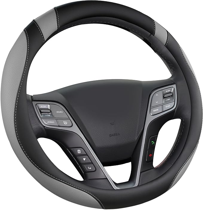 Customized Auto Car Steering Wheel Cover for Hyundai,Tucson,Sonata,Elantra,Santa Fe,Genesis,Sonata Hybrid,Azera,Venue,Kona, 14.5-15 inches(Black+Gray - Standard Size)