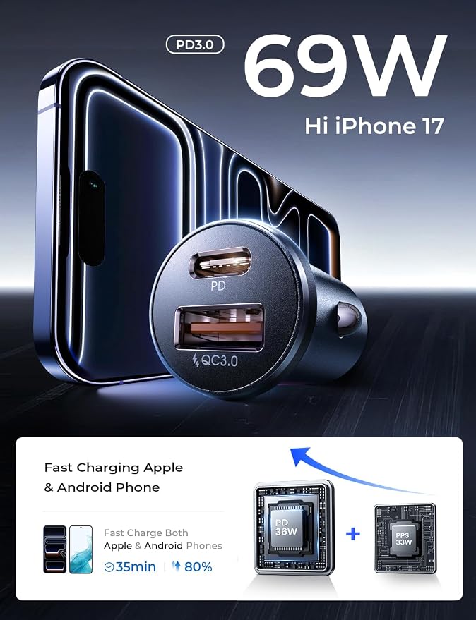 Car Charger USB C, 69W Cigarette Lighter USB Charger Adapter, Car Accessories Gifts for Men, Mini USBC Cars Fast Charging Adapter USBC Type C 12V Plug Outlet, for iPhone 17 Pro Max 16 15 14 13