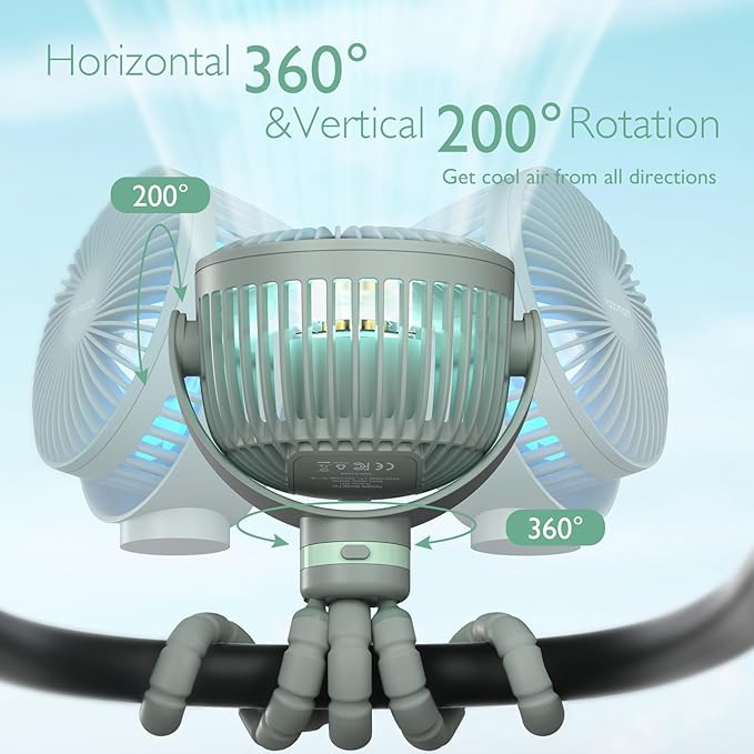 8000mAh Portable Stroller Fan, 27H Ultra-long Battery Life Detachable 4 Speed 360°Rotate LED Night Light with 2 Modes, USB Rechargeable Handheld Cooling Fan for Travel/Car Seat/Bedroom