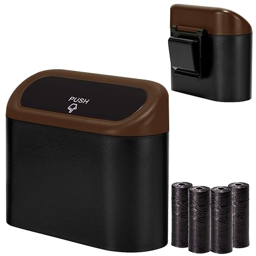 Mini Car Trash Can with Lid, Small Car Garbage Can, Cute Leakproof ABS Car Trash Bin, Car Accessories for Interior, Garbage Bin for Car, Home, Office with 60pcs Trash Bags Black/Brown