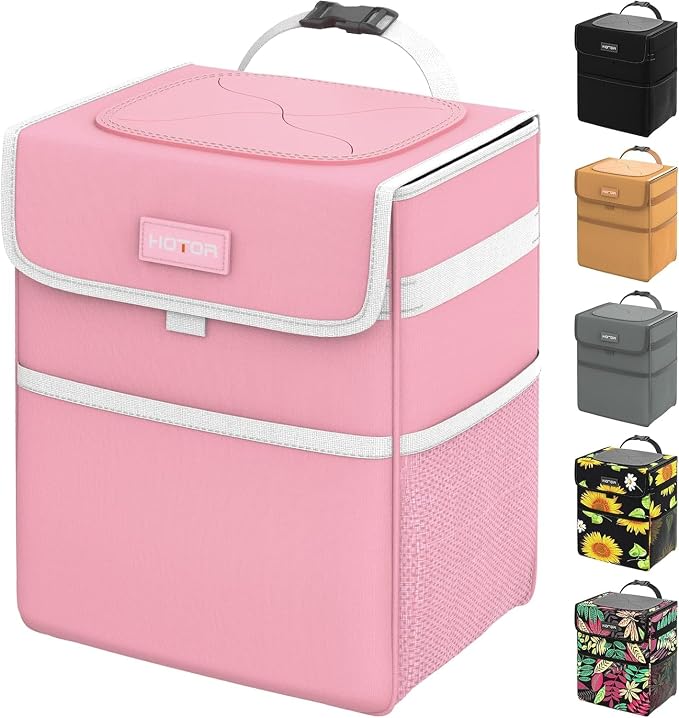 Pink Trash Bag Hanging with Storage Pockets, 100% Leak-Proof Garbage Can with Adjustable Straps, Magnetic Snaps, Waterproof Garbage Bin with Lid for Interior Car,Pink