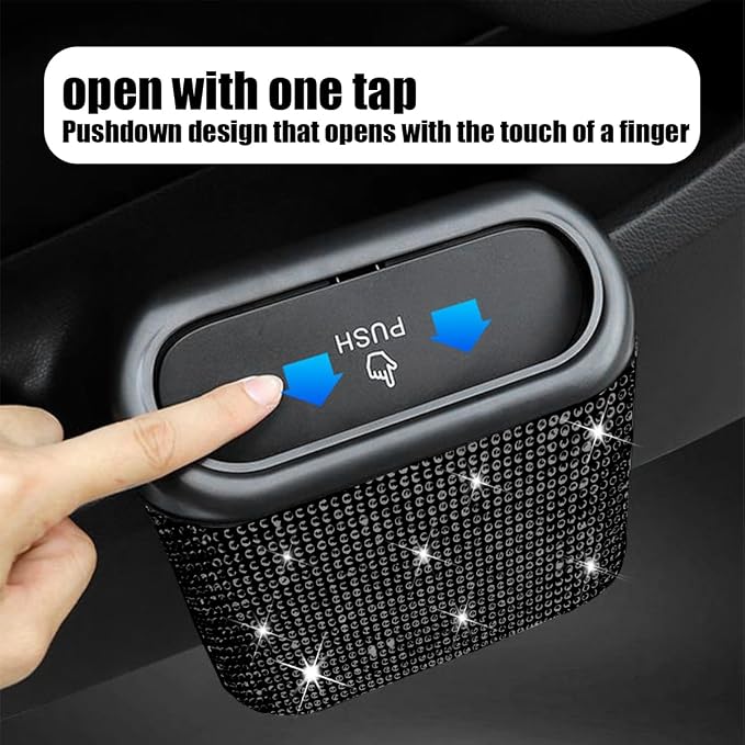 Bling Car Trash Can with Lid, Crystal Rhinestones Leakproof Auto Garbage Hanging Container Bin, Multipurpose Diamond Dustbin Storage Organizer, Universal Vehicle Accessories (Black)