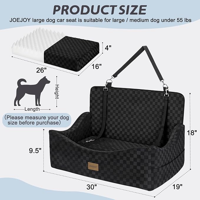 Dog Car Seat for Medium/Large Dogs - Reversible Dual-Sided Travel Dog Car Bed with Memory Foam, Washable Pet Booster Seat for Do gs up to 55 lbs or 2 Small Dogs, 2 Safety Leashes, Black