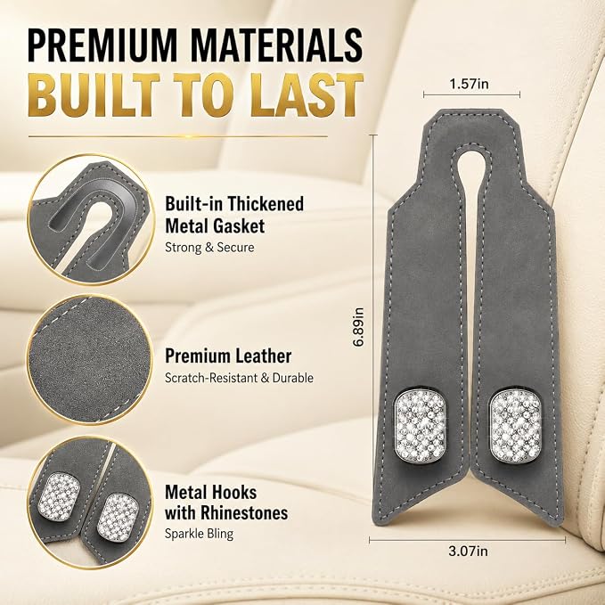 2Pcs Bling Car Headrest Hooks, Premium Leather & Sparkling Rhinestone Dual Metal Hooks, Back Seat Organizer for Bags, Coats, Purses and Groceries (Crystal Gray)