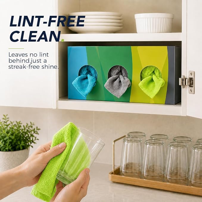 Microfiber Cleaning Cloth, 150 Pack Reusable Paper Towels Microfiber Towels for Cars Lint Free Shop Rags with Box for Home Kitchen Automotive, 11"x 9", Blue & Grey & Green
