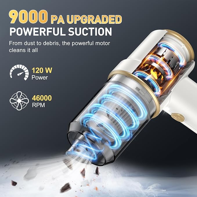 Handheld Car Vacuum Cleaner, 9000PA Vacuum Cleaner & Air Duster, 120W High Power Vacuum Portable Cordless, Hand Held Vacuum Rechargeable with Multi-Nozzles & LED Light for Home, Car, Office