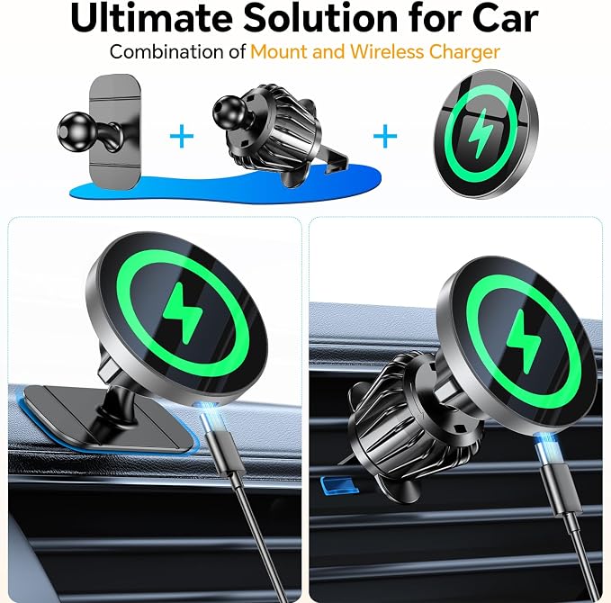 for Magsafe Car Mount Charger【100% Stable】 15W Magsafe Car Charger Magnetic Phone Holders for Your Car Accessories for Women Men car Phone Holder Wireless Car Charger for iPhone (Gray)