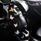 Embroidery Cute Steering Wheel Cover Butterfly Decor+Center Console Cover+Belt Cover,Anti-Slip,Sweat Absorption,3pcs