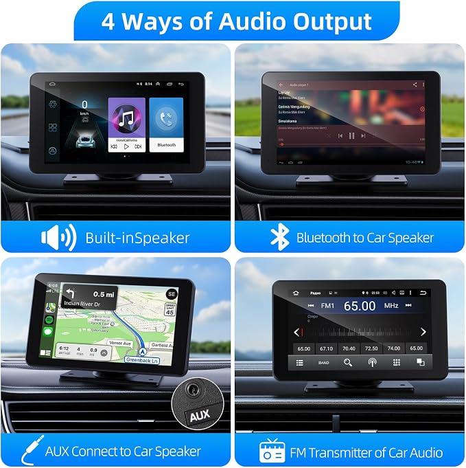 Wireless Carplay and Android Auto Screen for Car, 7" HD Portable Touch Screen Car Stereo with Bluetooth, Backup Camera, Navigation, Mirror Link for All Vehicles