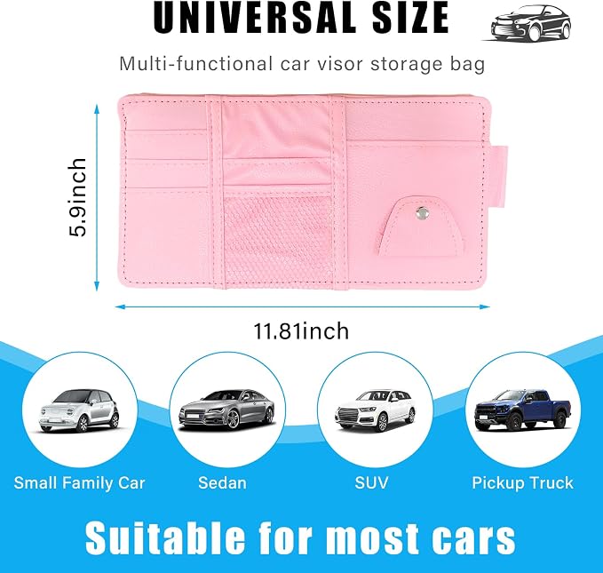 Car Sun Visor Organizer, Leather Personal Belonging Storage Pouch with Zipper, Car Visor Storage Pouch Sunglasses Holder, Auto Interior Accessories Pocket Organizers (Pink)
