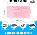 Car Sun Visor Organizer, Leather Personal Belonging Storage Pouch with Zipper, Car Visor Storage Pouch Sunglasses Holder, Auto Interior Accessories Pocket Organizers (Pink)