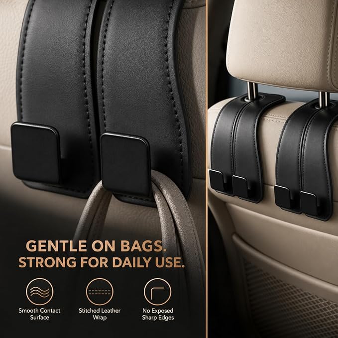 Car Headrest Hooks, 2 Pack 360° Rotating Double Hooks with Leather-Wrapped Metal Core, Heavy Duty Seat Back Purse Holder for Handbags, Grocery Bags and Backpacks, Black