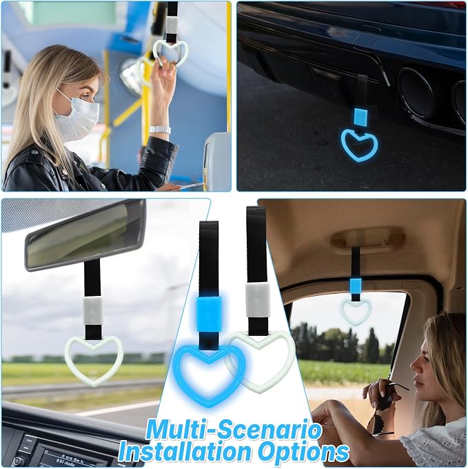 2 Pcs Heart Shaped Car Handle Strap – Drift Charm Rear Bumper Warning Ring Decor for Car Interior Exterior, Subway Bus Handle Accessory, Cute Heart Car Decor Gift for Women & Men (Luminous Blue)